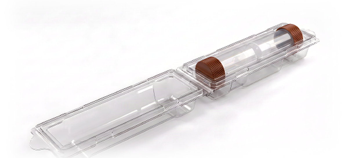 P650 shipping blister item no. H2000T: flat, transparent blister in R-PET, opened out, with a sample tube inserted.