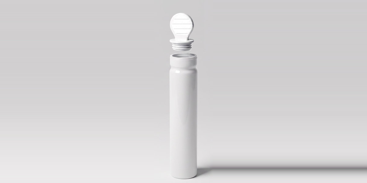 Protective container item no. H9006T: slim round secondary container in white plastic with the push-in stopper removed.