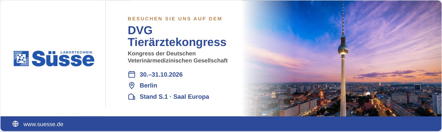 Trade-fair banner of Süsse Labortechnik: visit us at the DVG Tierärztekongress, congress of the German Veterinary Medical Society, 30.–31.10.2026, Berlin, Stand S.1 · Saal Europa.